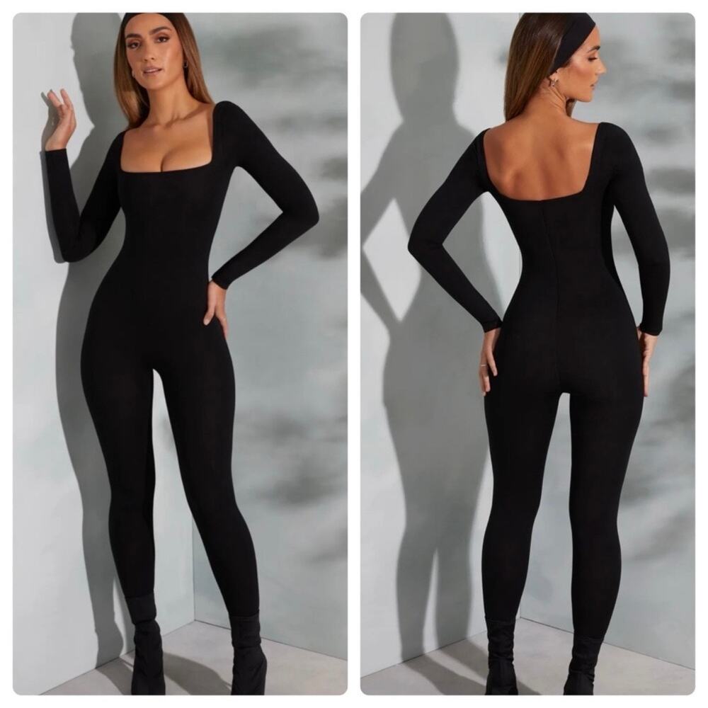 Oh Polly Delanie Square Neck Long Sleeve Jumpsuit in Black size 4